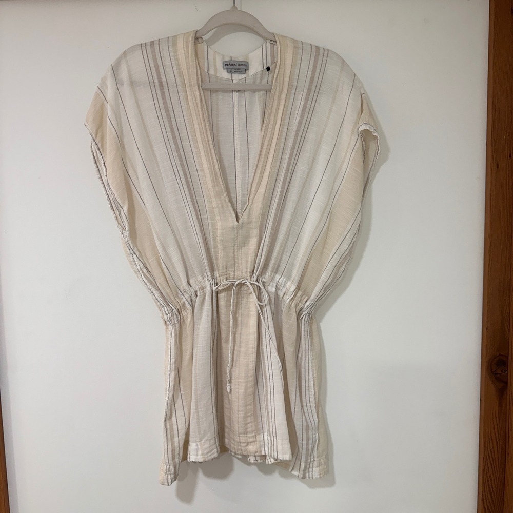 prAna Striped V-Neck Tunic Womens Small Beige Organic Cotton Drawstring Coastal